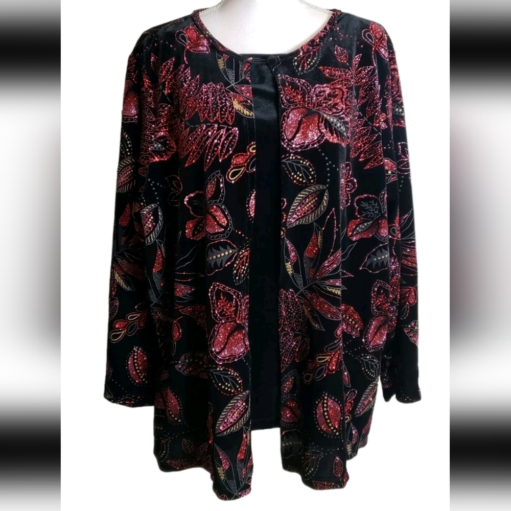 Elementz Woman Black Floral Glitter Print  Velour Jacket Size 3X Fairy Holiday